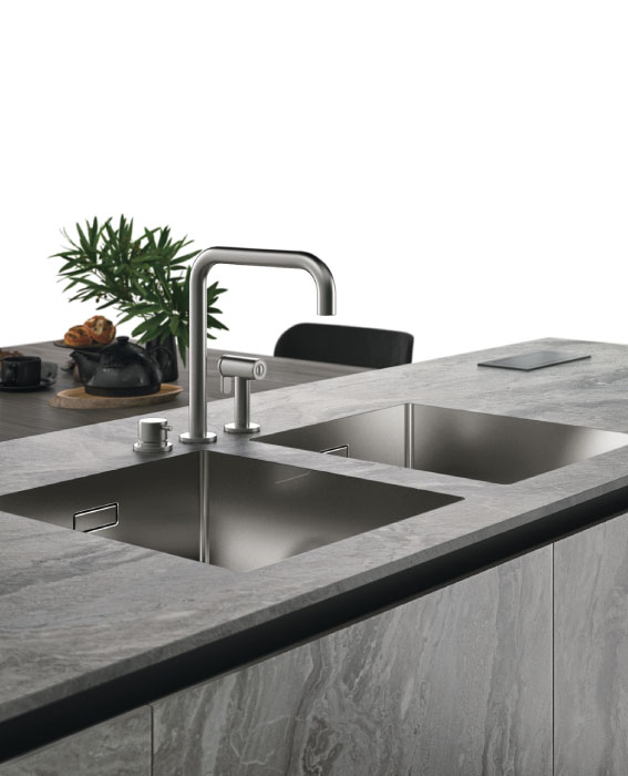 Grey wood Italian kitchen with integrated steel sinks Grey wood Italian kitchen with integrated steel sinks